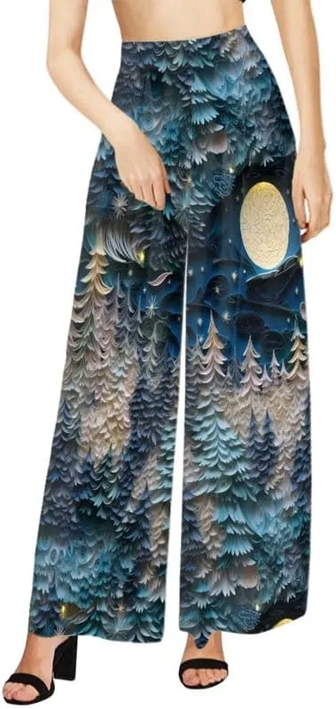 Irisjudy Womens Casual Wide Leg Long Lounge Pant Trousers, Monet Art Elastic High Waisted Palazzo Trousers Plus Size Clubwear