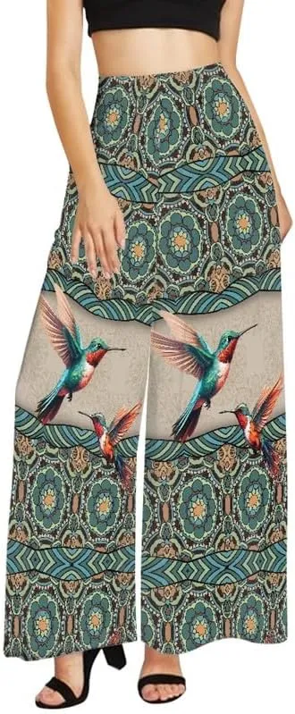 Irisjudy Womens Casual Wide Leg Long Lounge Pant Trousers, Monet Art Elastic High Waisted Palazzo Trousers Plus Size Clubwear