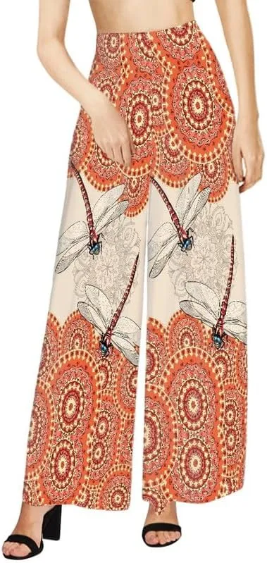 Irisjudy Womens Casual Wide Leg Long Lounge Pant Trousers, Monet Art Elastic High Waisted Palazzo Trousers Plus Size Clubwear