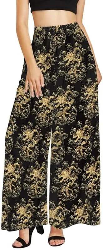Irisjudy Womens Casual Wide Leg Long Lounge Pant Trousers, Monet Art Elastic High Waisted Palazzo Trousers Plus Size Clubwear