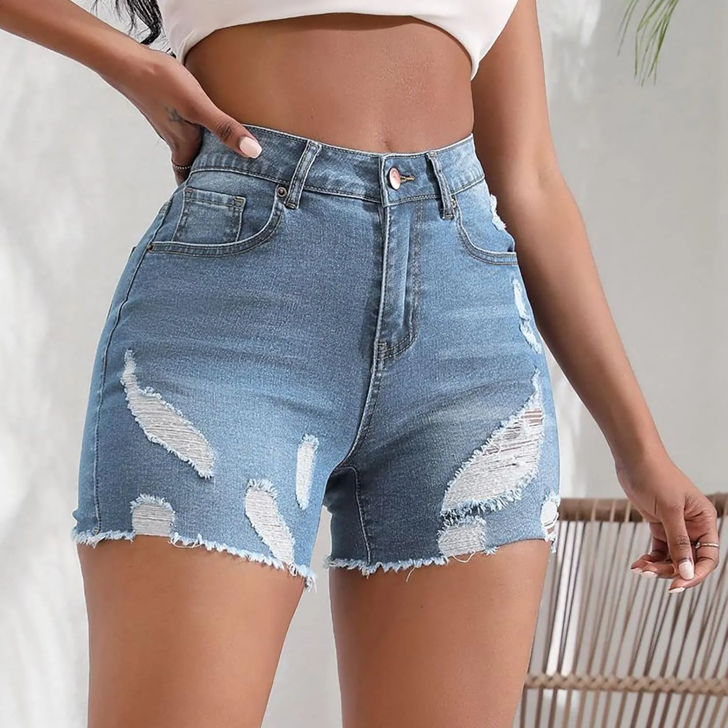 Jean Shorts for Women High Waisted Ripped Stretchy Denim Hot Short Summer Frayed Raw Hem Ripped Shorts Cut Off Shorts