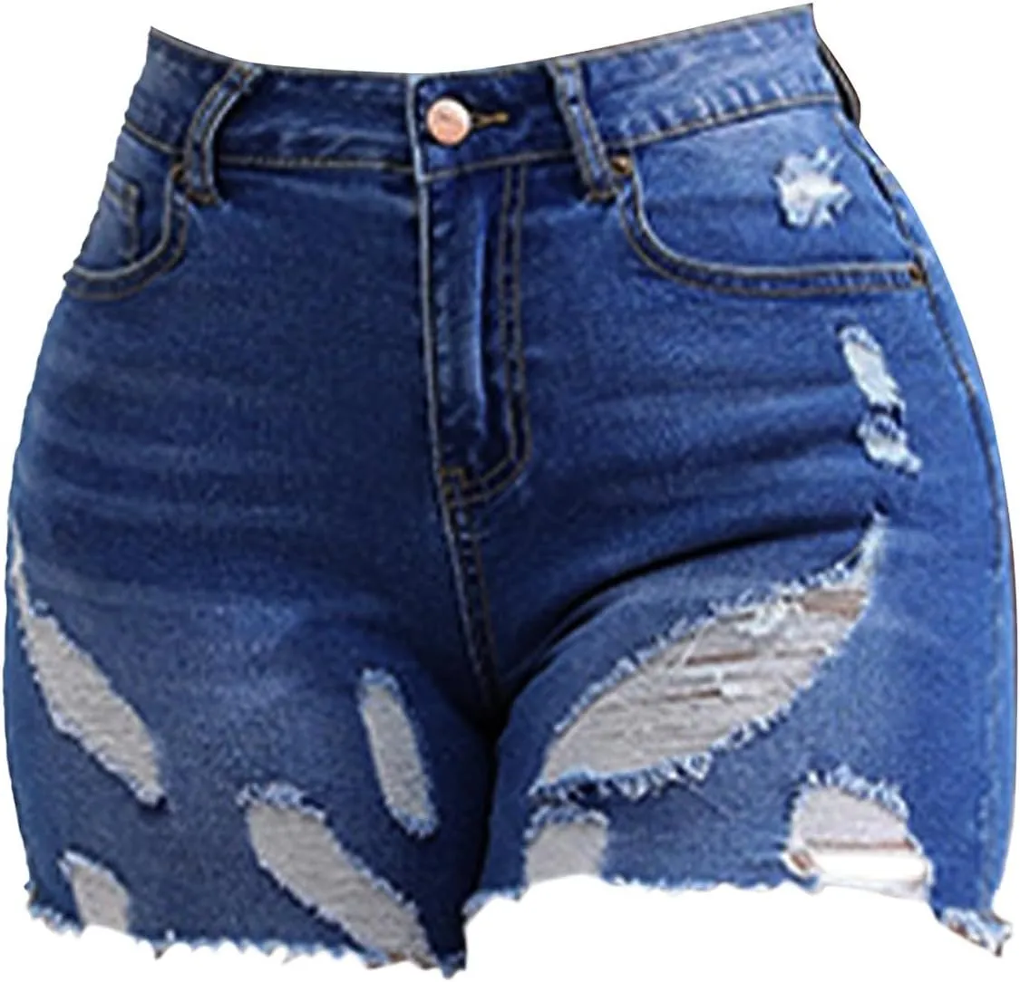 Jean Shorts for Women High Waisted Ripped Stretchy Denim Hot Short Summer Frayed Raw Hem Ripped Shorts Cut Off Shorts
