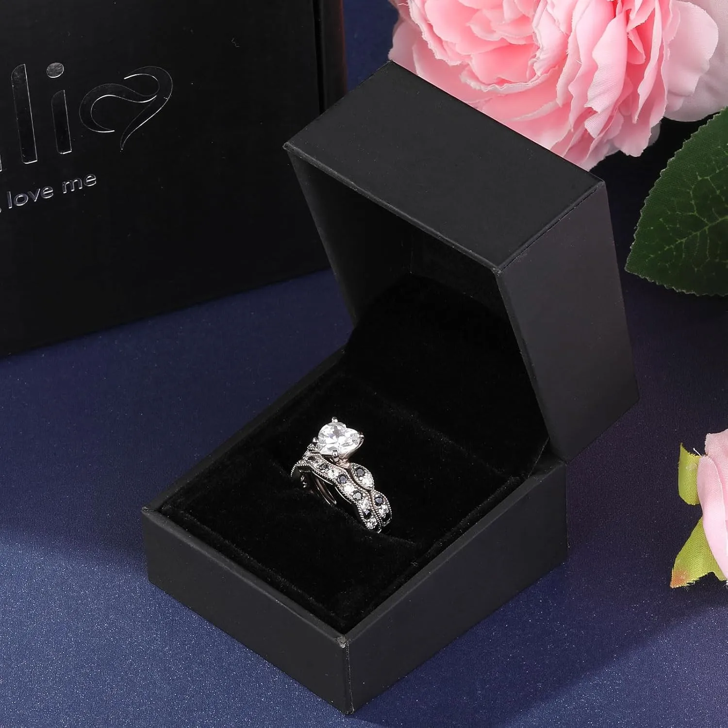 Jeulia 3 Carat CZ Solitaire Engagement Rings Halo Milgrain Heart Cut Sterling Silver Ring Set Promise Engagement Wedding Anniversary Rings Bridal Sets for Women