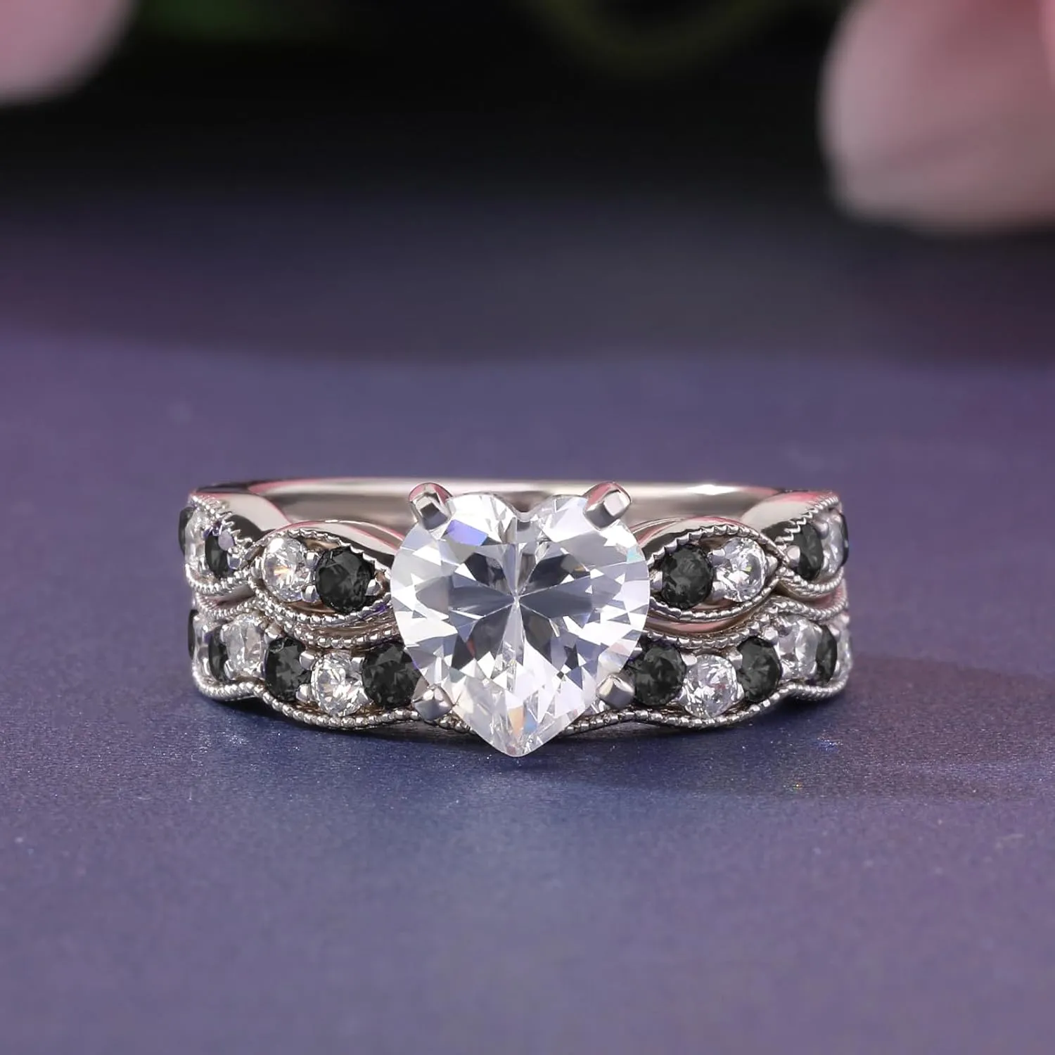 Jeulia 3 Carat CZ Solitaire Engagement Rings Halo Milgrain Heart Cut Sterling Silver Ring Set Promise Engagement Wedding Anniversary Rings Bridal Sets for Women