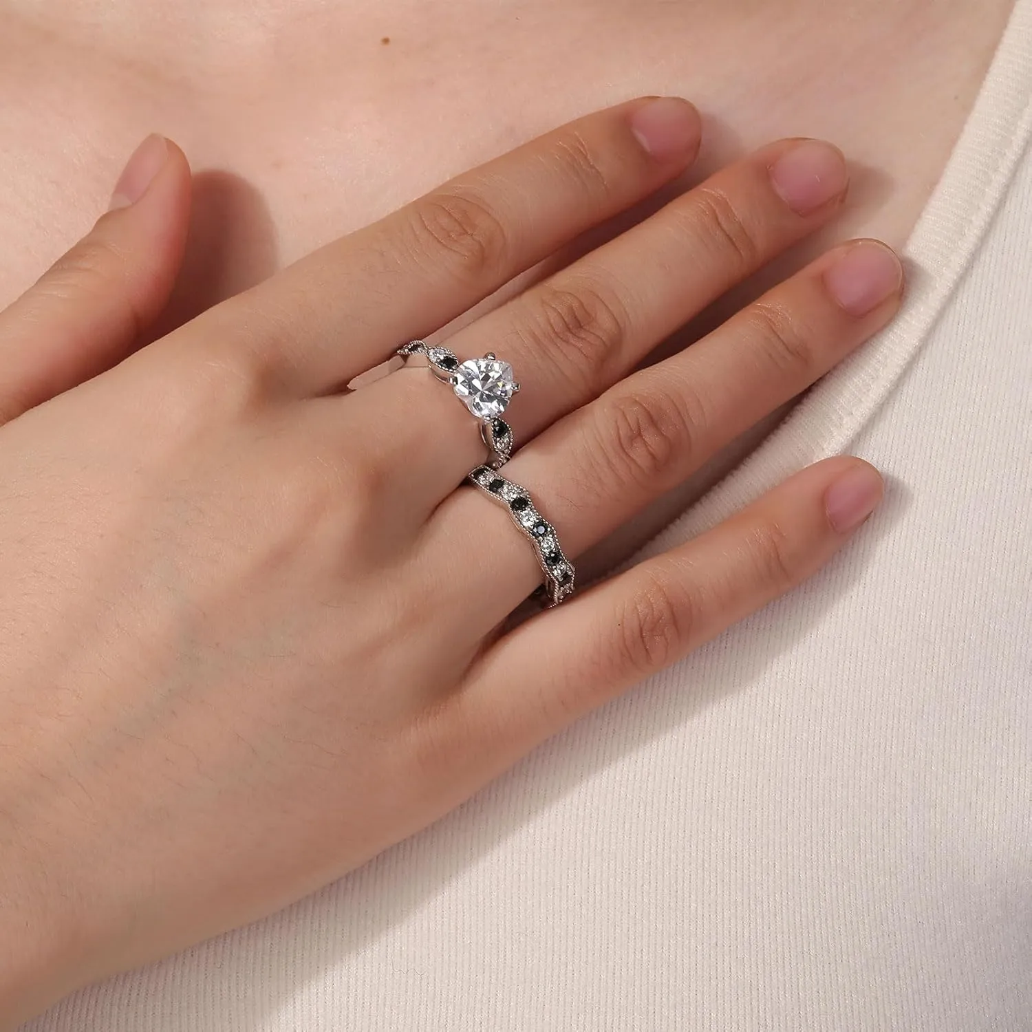 Jeulia 3 Carat CZ Solitaire Engagement Rings Halo Milgrain Heart Cut Sterling Silver Ring Set Promise Engagement Wedding Anniversary Rings Bridal Sets for Women