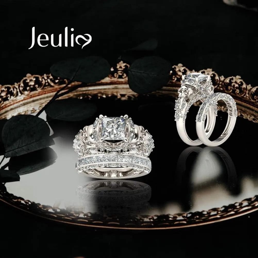 Jeulia Skull Engagement Ring Sets Sterling Silver Promise Eternity Band Rings Diamond Princess Cut with Cubic Zirconia Wedding Engagement Anniversary Promise Rings Bridal Sets