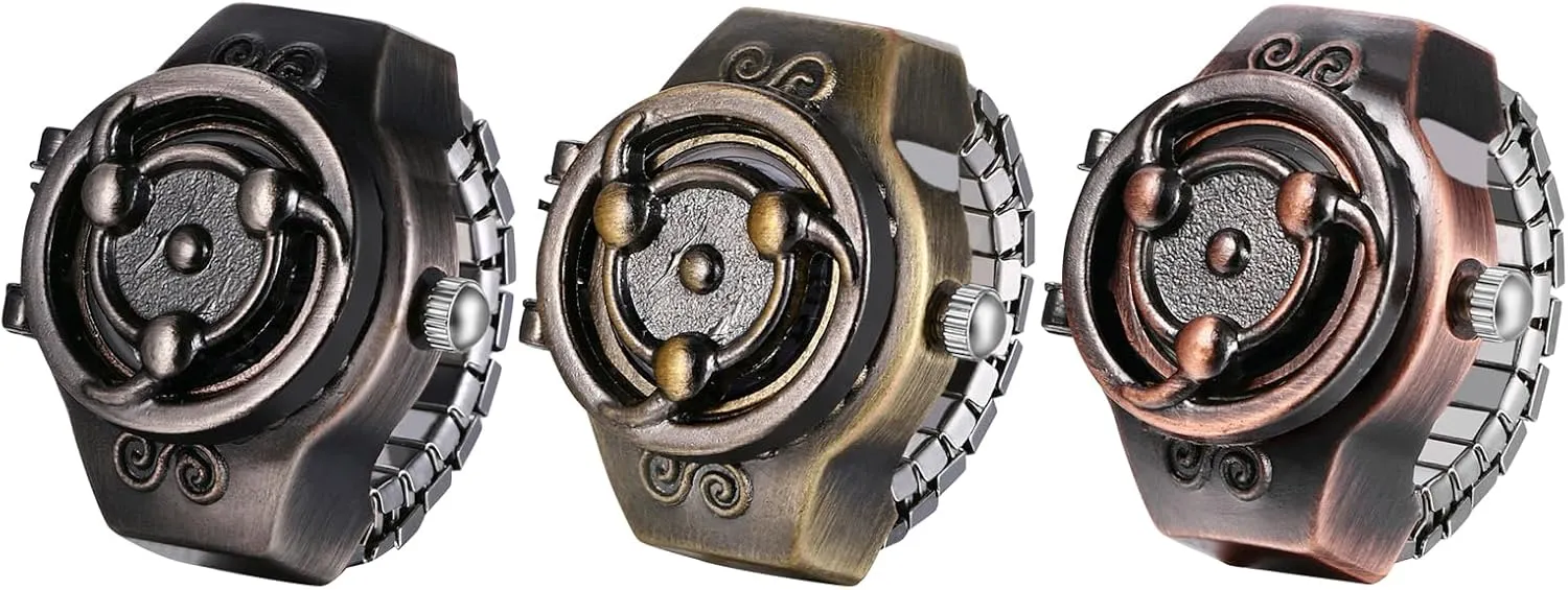 JewelryWe Men Women Finger Watch Punk Skull Flip-Open Cover Quartz Analog Ring Watches, Adjustable Size