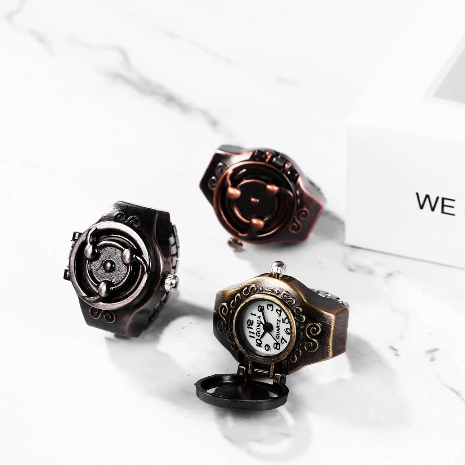 JewelryWe Men Women Finger Watch Punk Skull Flip-Open Cover Quartz Analog Ring Watches, Adjustable Size