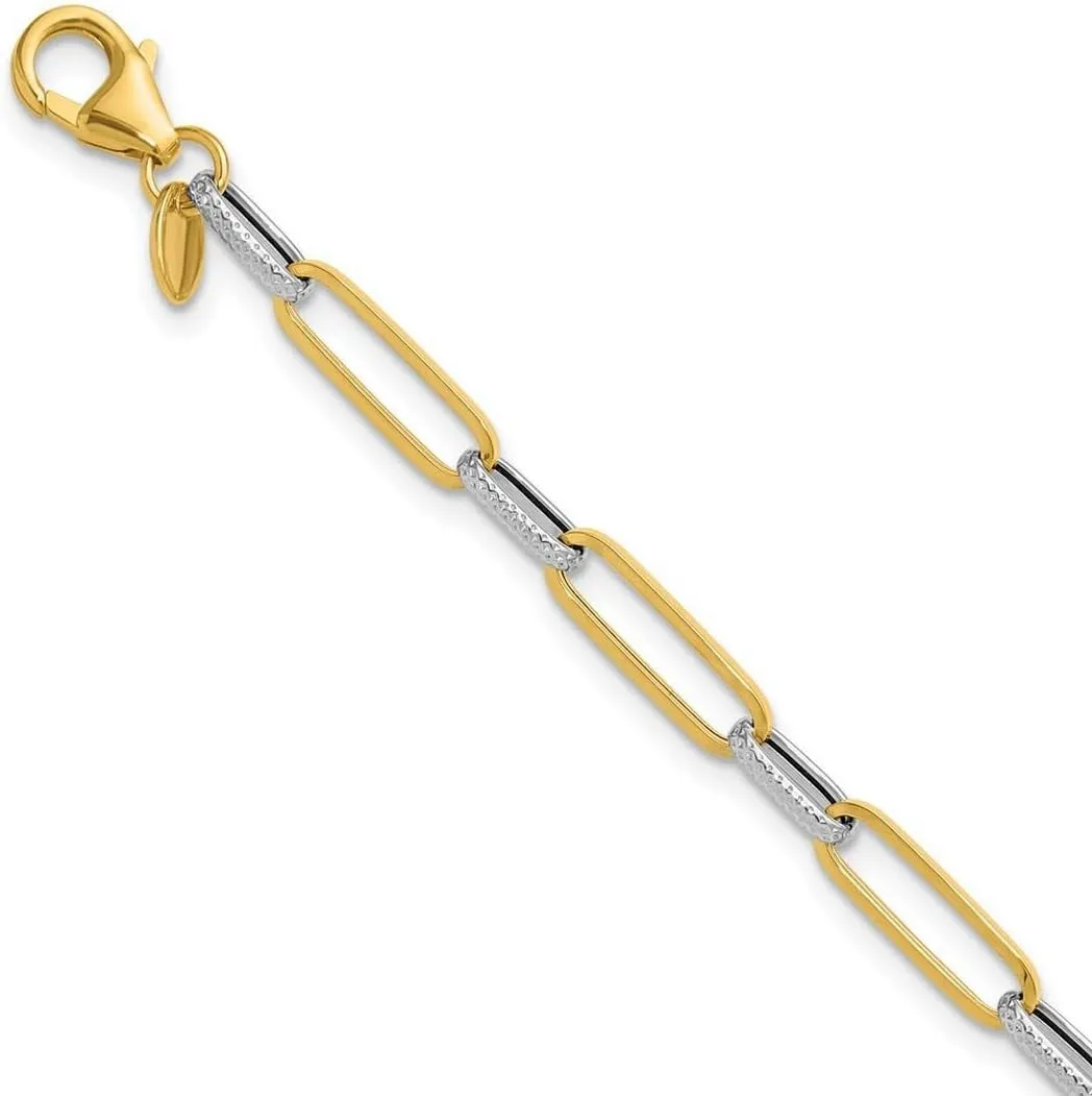 JewelryWeb 14k Hollow Solid Gold With White Rhod Polished Textured Fancy Link Bracelet 7.5 Inch-Link-Bracelet for Women