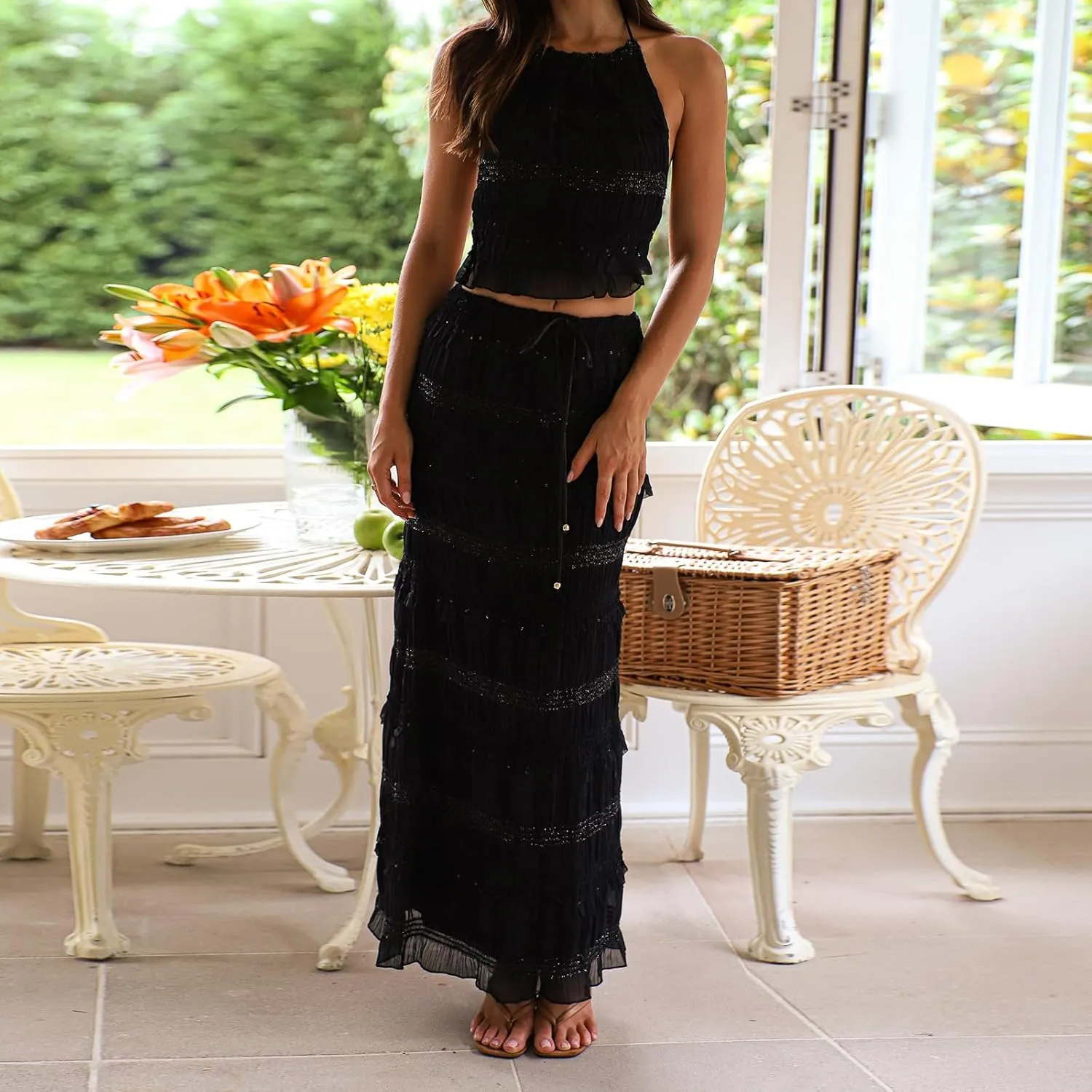 Juakoso Women Y2K 2 Piece Long Skirt Sets Low Cut Sleeveless Tops Flowy Ruffle Maxi Skirt Going Out Outfits Beachwear