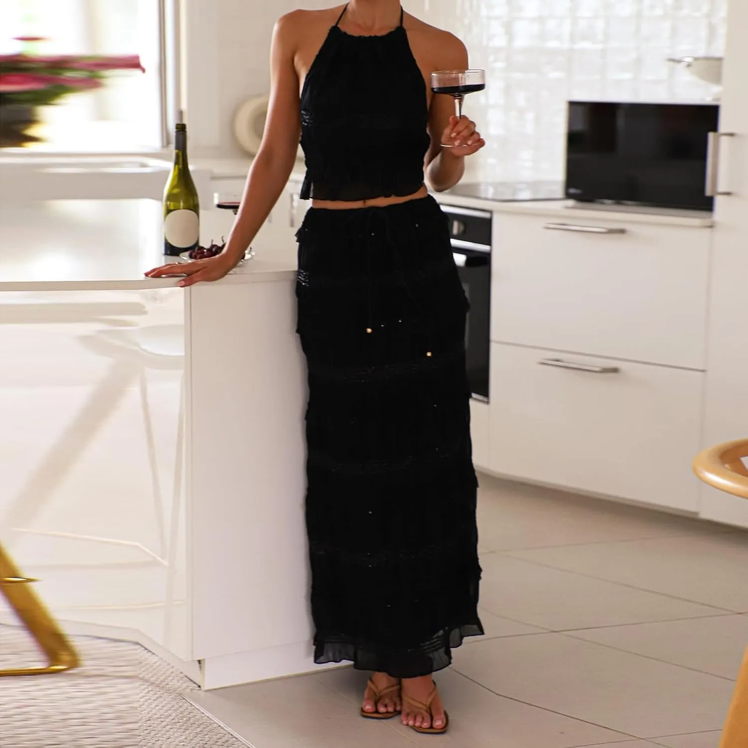 Juakoso Women Y2K 2 Piece Long Skirt Sets Low Cut Sleeveless Tops Flowy Ruffle Maxi Skirt Going Out Outfits Beachwear