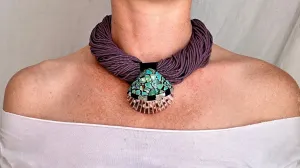 Kewa Pueblo Pendant on Multi-Strand Necklace. Shell, Turquoise, Glass, Silver.