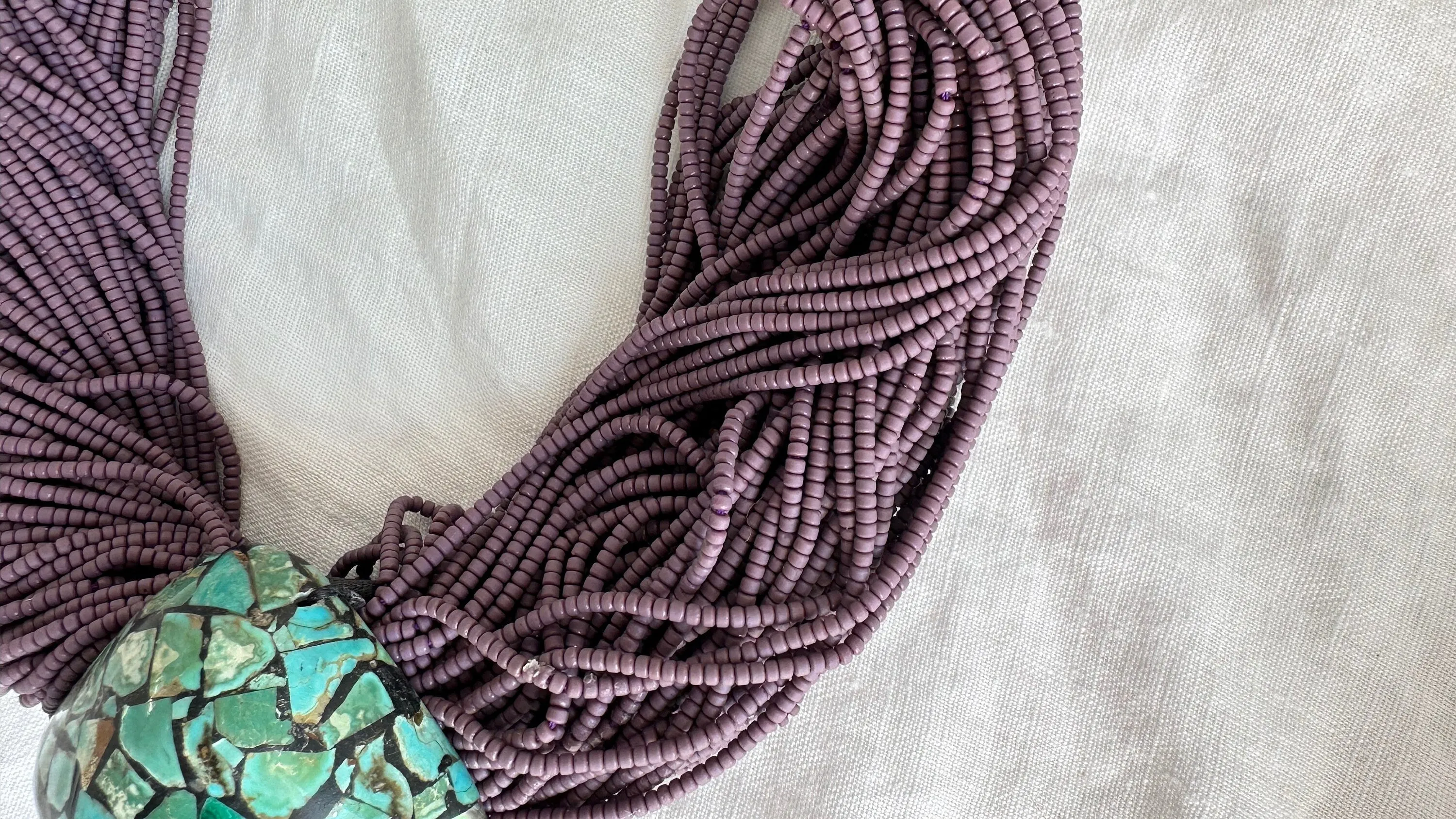 Kewa Pueblo Pendant on Multi-Strand Necklace. Shell, Turquoise, Glass, Silver.