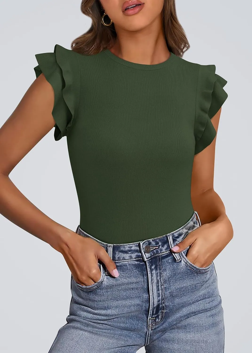 KIRUNDO Womens Summer Tops Flutter Short Sleeve Sweater Casual Crewneck Knit Pullover 2025 Dressy Blouse Fashion Clothing