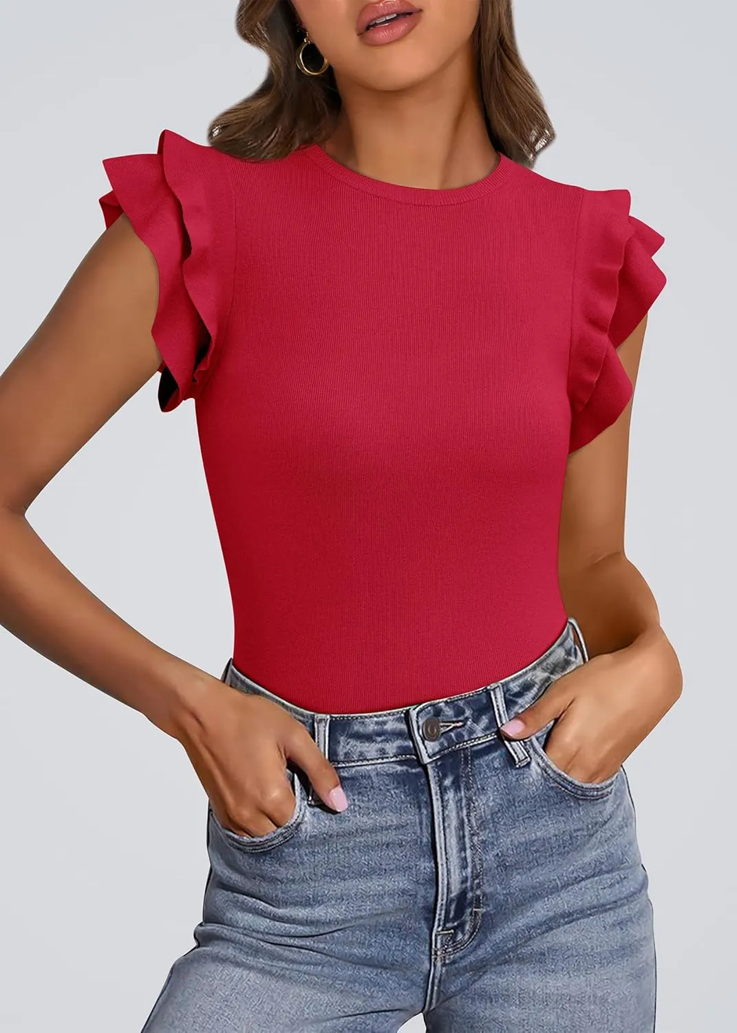 KIRUNDO Womens Summer Tops Flutter Short Sleeve Sweater Casual Crewneck Knit Pullover 2025 Dressy Blouse Fashion Clothing