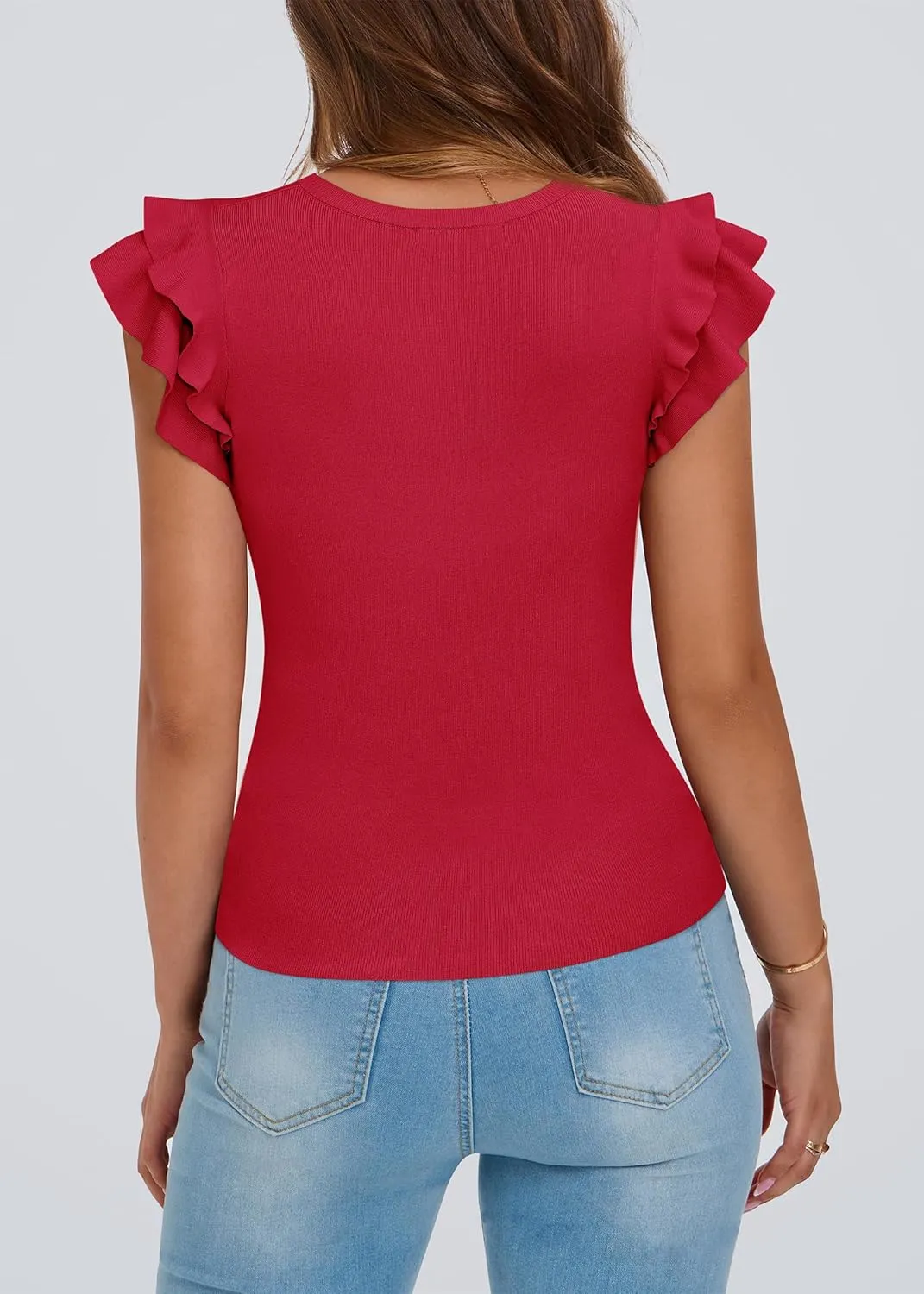 KIRUNDO Womens Summer Tops Flutter Short Sleeve Sweater Casual Crewneck Knit Pullover 2025 Dressy Blouse Fashion Clothing