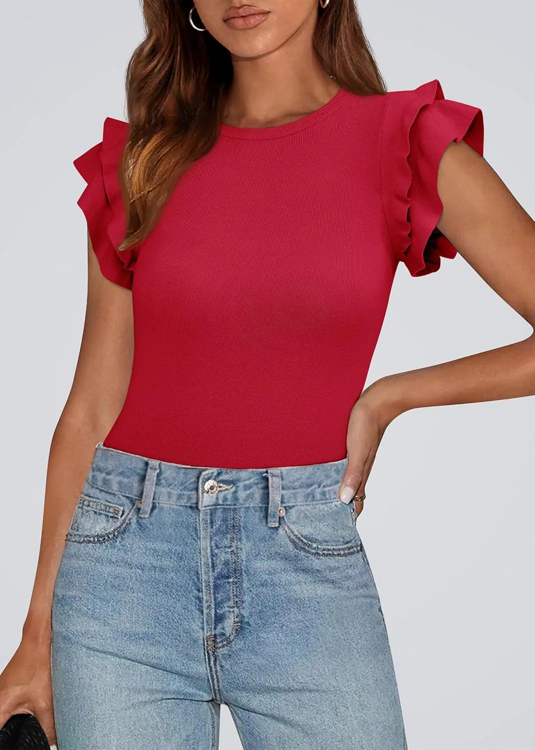 KIRUNDO Womens Summer Tops Flutter Short Sleeve Sweater Casual Crewneck Knit Pullover 2025 Dressy Blouse Fashion Clothing