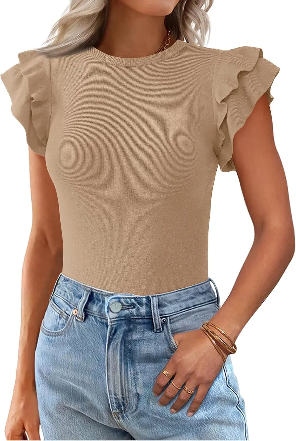 KIRUNDO Womens Summer Tops Flutter Short Sleeve Sweater Casual Crewneck Knit Pullover 2025 Dressy Blouse Fashion Clothing