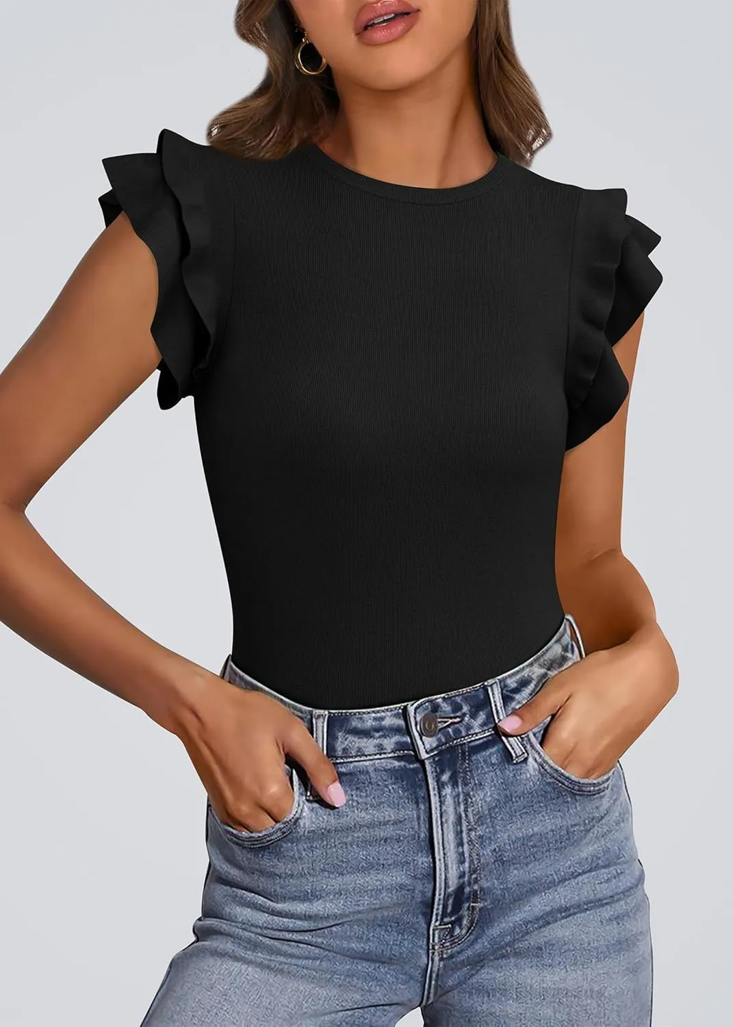 KIRUNDO Womens Summer Tops Flutter Short Sleeve Sweater Casual Crewneck Knit Pullover 2025 Dressy Blouse Fashion Clothing