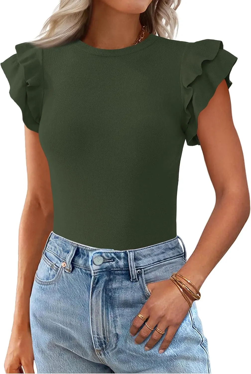 KIRUNDO Womens Summer Tops Flutter Short Sleeve Sweater Casual Crewneck Knit Pullover 2025 Dressy Blouse Fashion Clothing