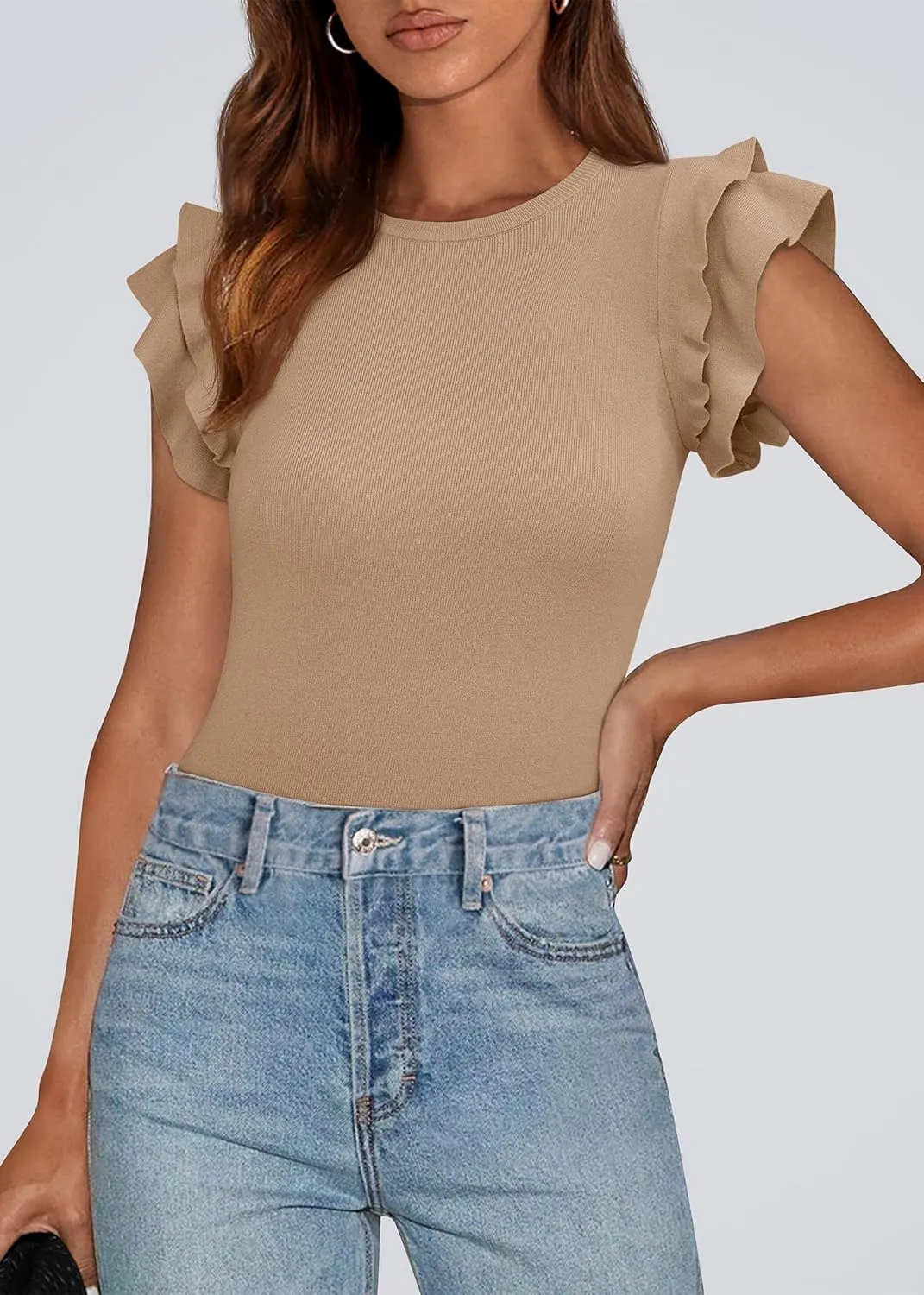KIRUNDO Womens Summer Tops Flutter Short Sleeve Sweater Casual Crewneck Knit Pullover 2025 Dressy Blouse Fashion Clothing