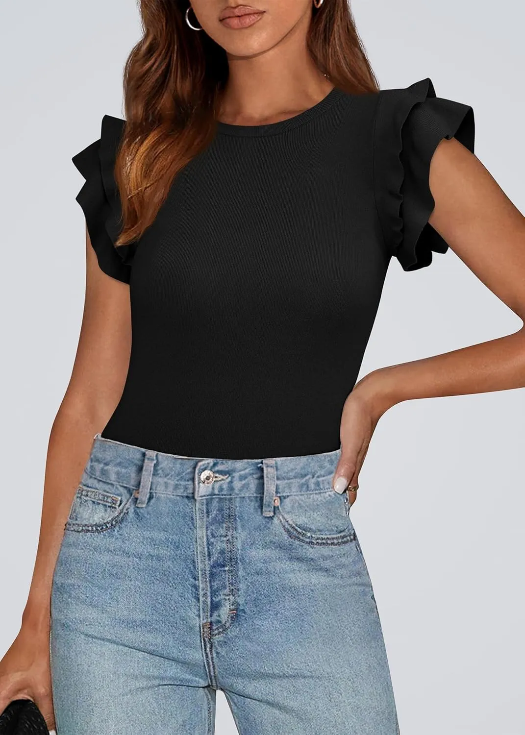 KIRUNDO Womens Summer Tops Flutter Short Sleeve Sweater Casual Crewneck Knit Pullover 2025 Dressy Blouse Fashion Clothing