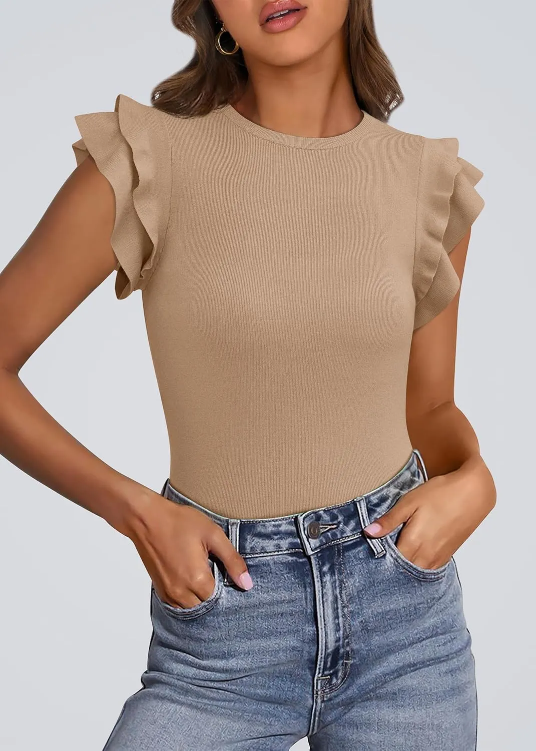 KIRUNDO Womens Summer Tops Flutter Short Sleeve Sweater Casual Crewneck Knit Pullover 2025 Dressy Blouse Fashion Clothing