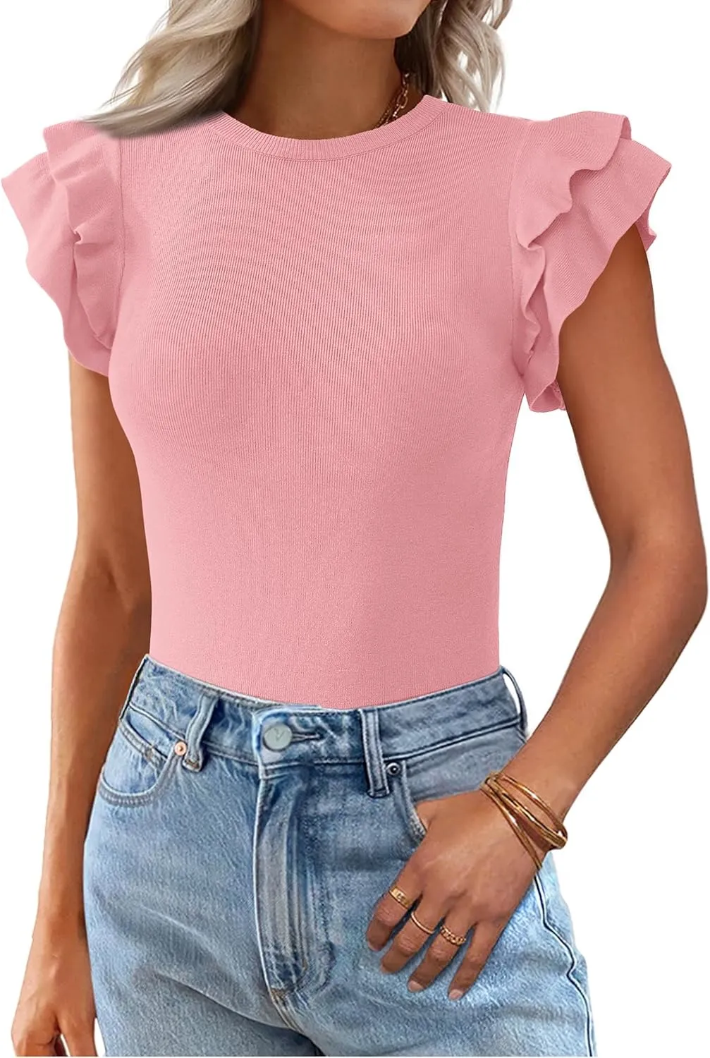 KIRUNDO Womens Summer Tops Flutter Short Sleeve Sweater Casual Crewneck Knit Pullover 2025 Dressy Blouse Fashion Clothing