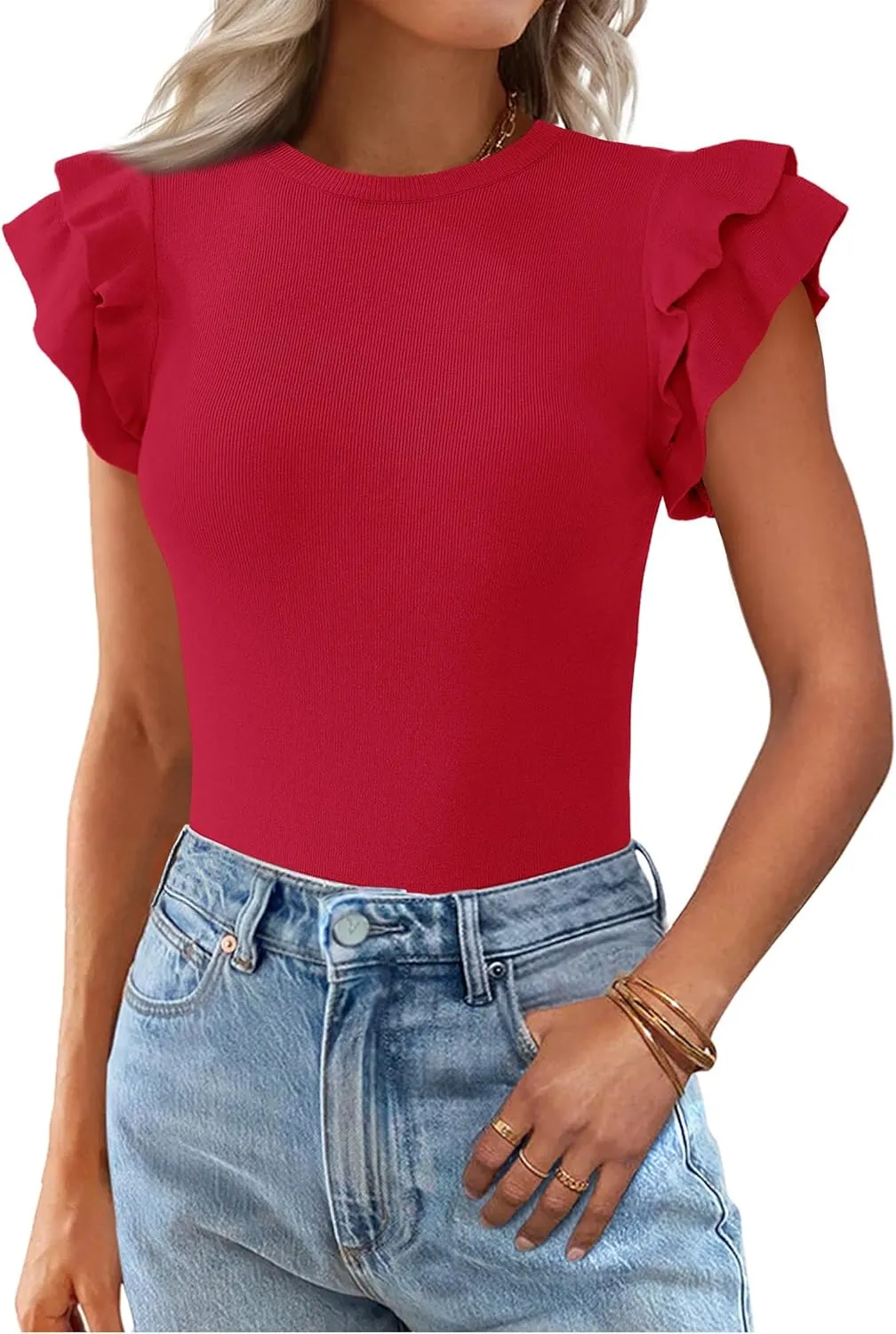 KIRUNDO Womens Summer Tops Flutter Short Sleeve Sweater Casual Crewneck Knit Pullover 2025 Dressy Blouse Fashion Clothing