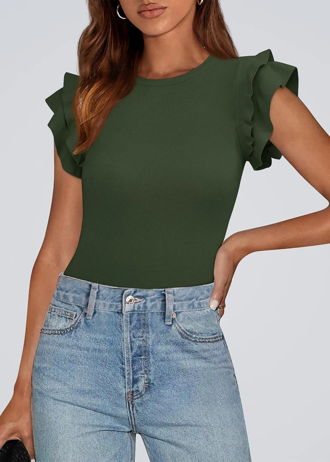 KIRUNDO Womens Summer Tops Flutter Short Sleeve Sweater Casual Crewneck Knit Pullover 2025 Dressy Blouse Fashion Clothing