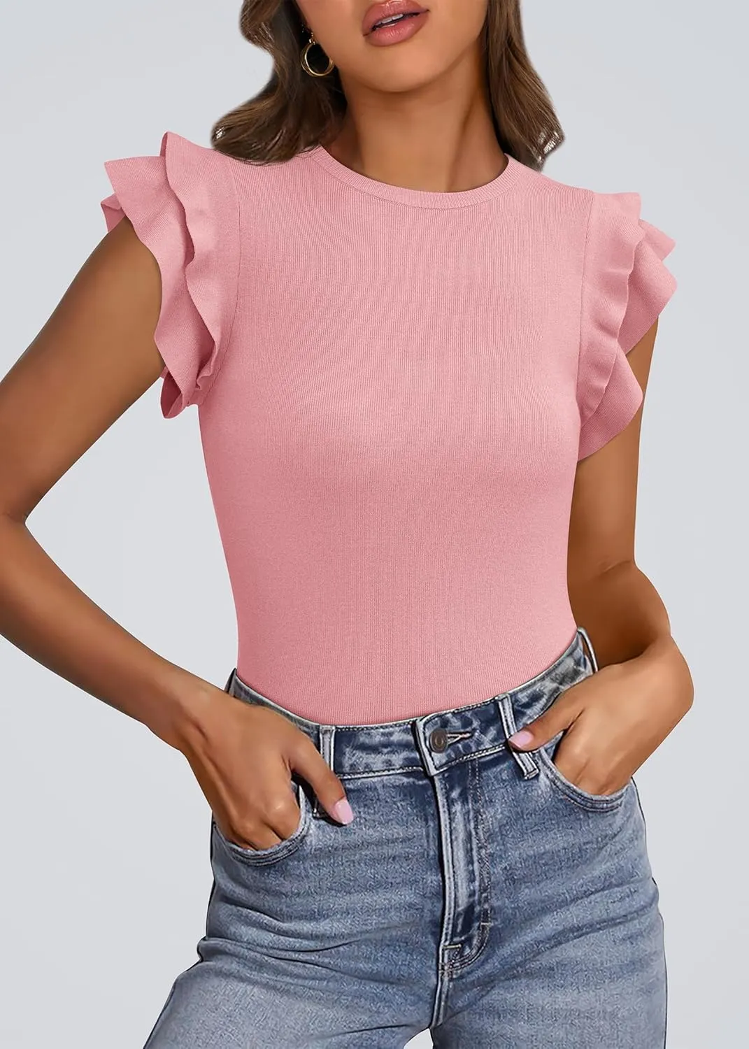 KIRUNDO Womens Summer Tops Flutter Short Sleeve Sweater Casual Crewneck Knit Pullover 2025 Dressy Blouse Fashion Clothing