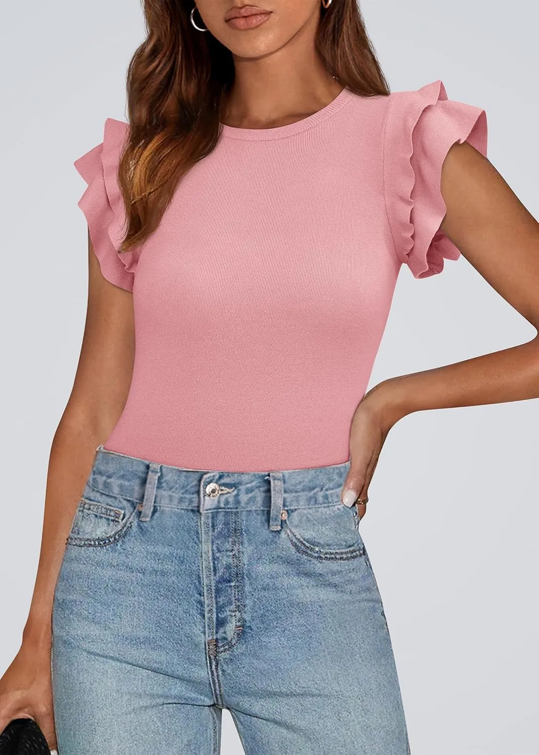 KIRUNDO Womens Summer Tops Flutter Short Sleeve Sweater Casual Crewneck Knit Pullover 2025 Dressy Blouse Fashion Clothing
