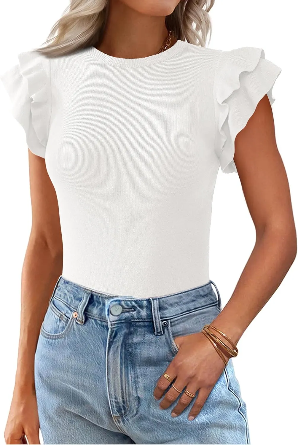 KIRUNDO Womens Summer Tops Flutter Short Sleeve Sweater Casual Crewneck Knit Pullover 2025 Dressy Blouse Fashion Clothing