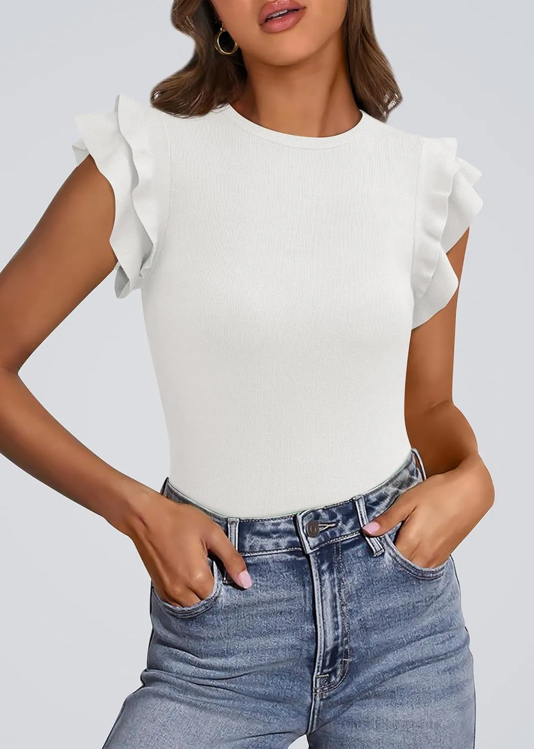 KIRUNDO Womens Summer Tops Flutter Short Sleeve Sweater Casual Crewneck Knit Pullover 2025 Dressy Blouse Fashion Clothing