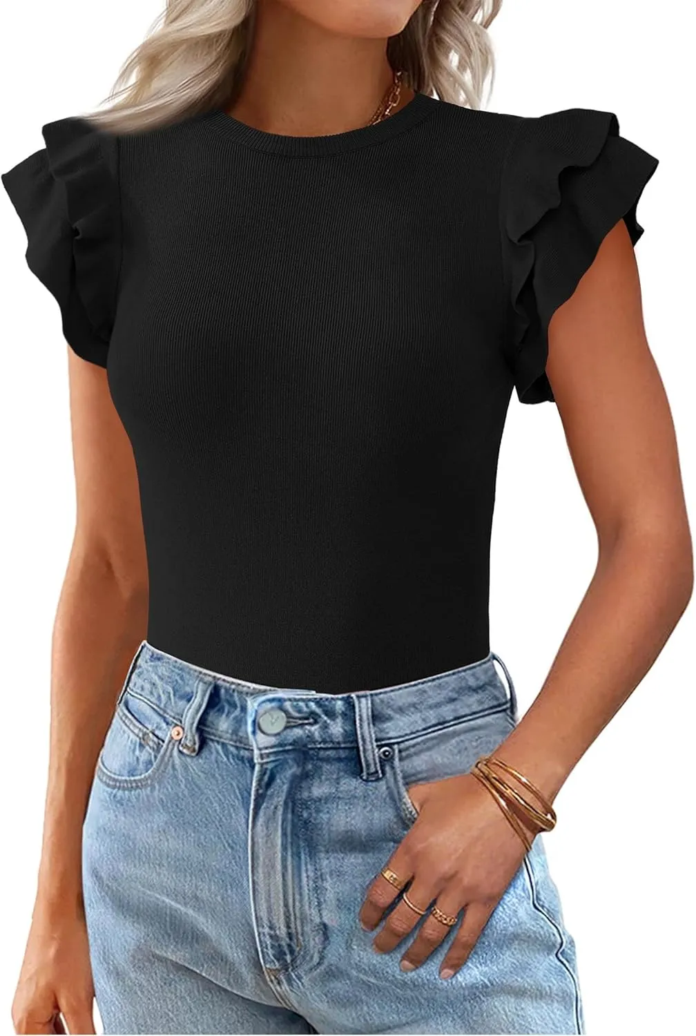 KIRUNDO Womens Summer Tops Flutter Short Sleeve Sweater Casual Crewneck Knit Pullover 2025 Dressy Blouse Fashion Clothing