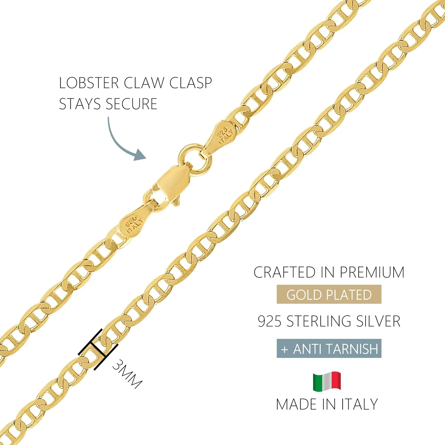 KISPER Solid 925 Sterling Silver 18k Gold Plated Italian 3mm, Diamond-Cut Mariner Link Gold Chain Necklace - for Men & Women with Lobster Clasp - Made in Italy