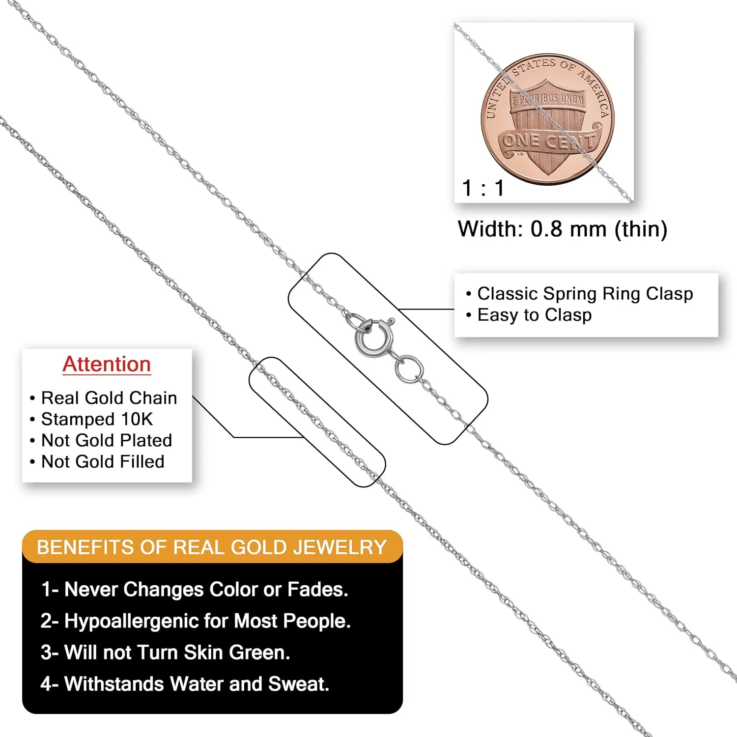 Kooljewelry 10k Yellow, White or Rose Gold Rope Chain Barely-there Necklace for Women (0.8 mm Thin)