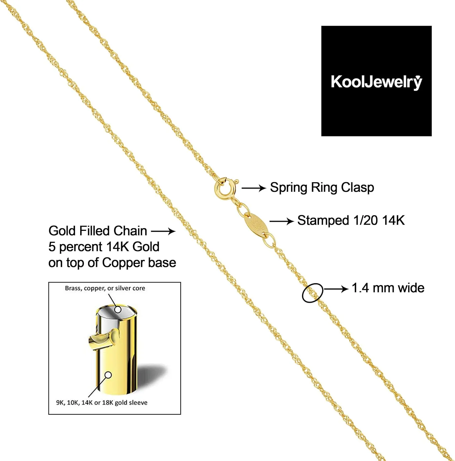 Kooljewelry 14k Yellow Gold Filled Or White Gold Filled Singapore Chain Necklace For Women And Men (1mm, 1.4mm, 1.7mm or 2mm - sizes from 14 to 30 inch long)