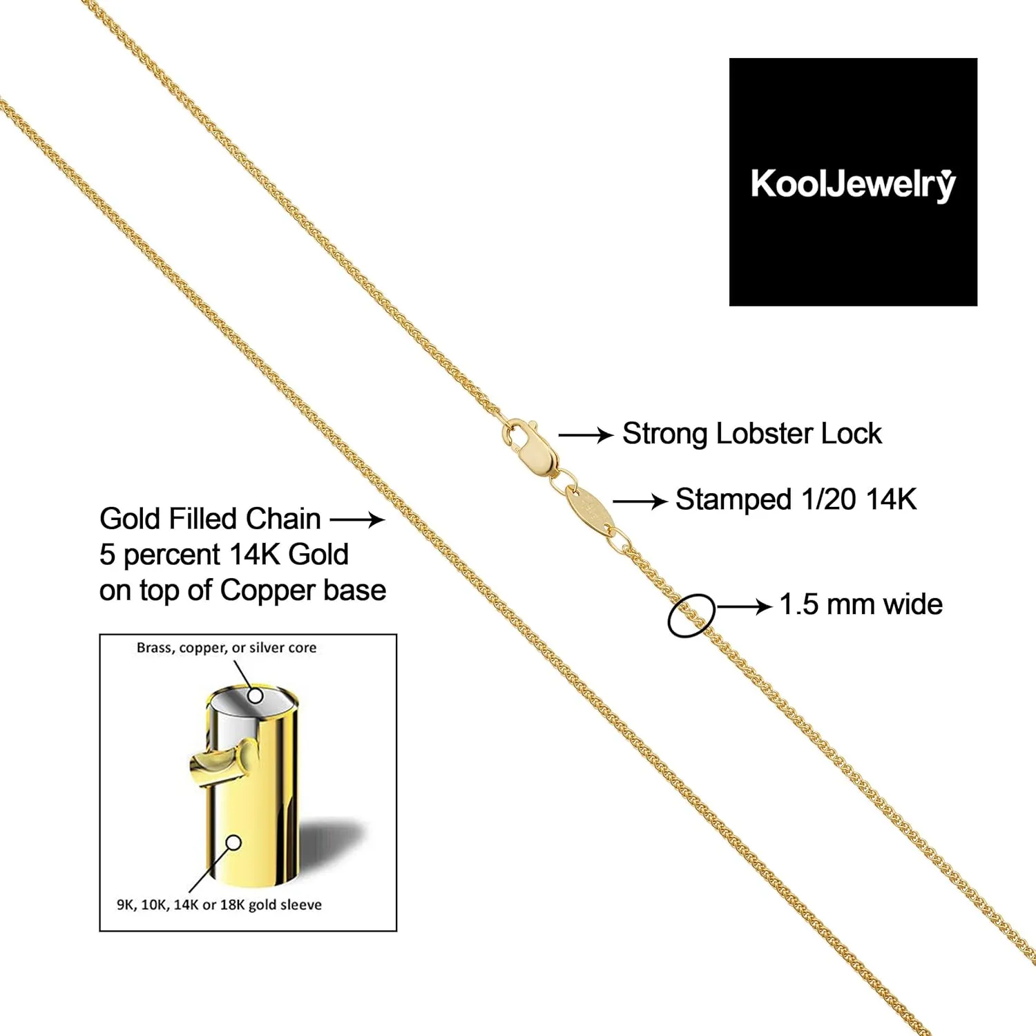 Kooljewelry 14k Yellow or White Gold Filled Round Wheat Chain Pendant Necklace (0.8 mm, 1.2 mm, 1.5 mm or 2.5 mm)