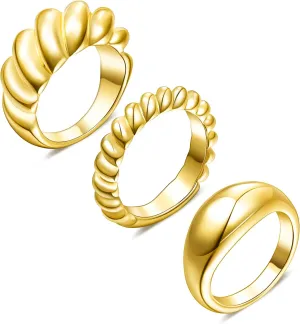 LANE WOODS Chunky Ring Set: 14k Gold Plated Croissant Braided Twisted Dome Ring Jewelry for Women Men
