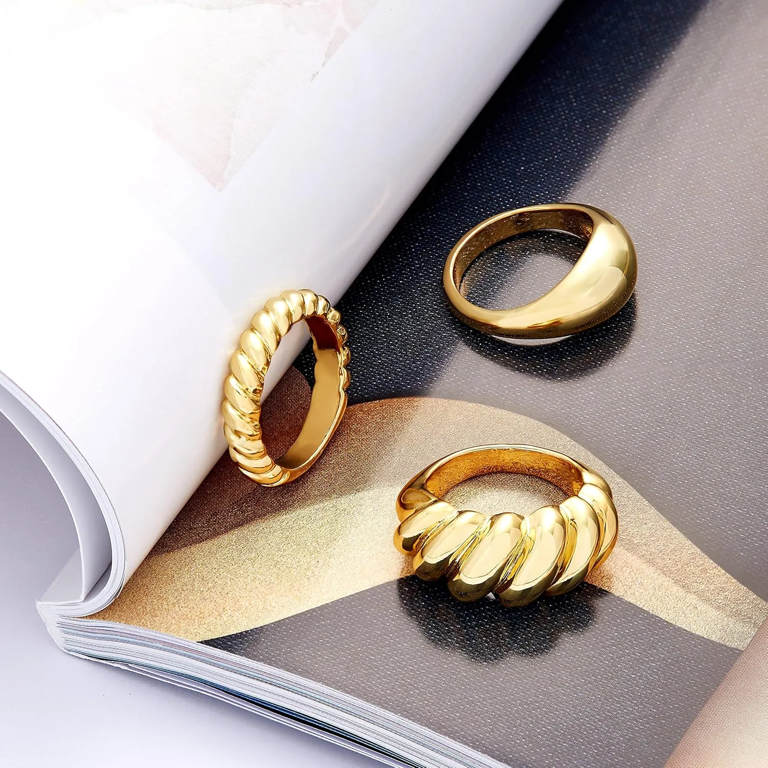 LANE WOODS Chunky Ring Set: 14k Gold Plated Croissant Braided Twisted Dome Ring Jewelry for Women Men