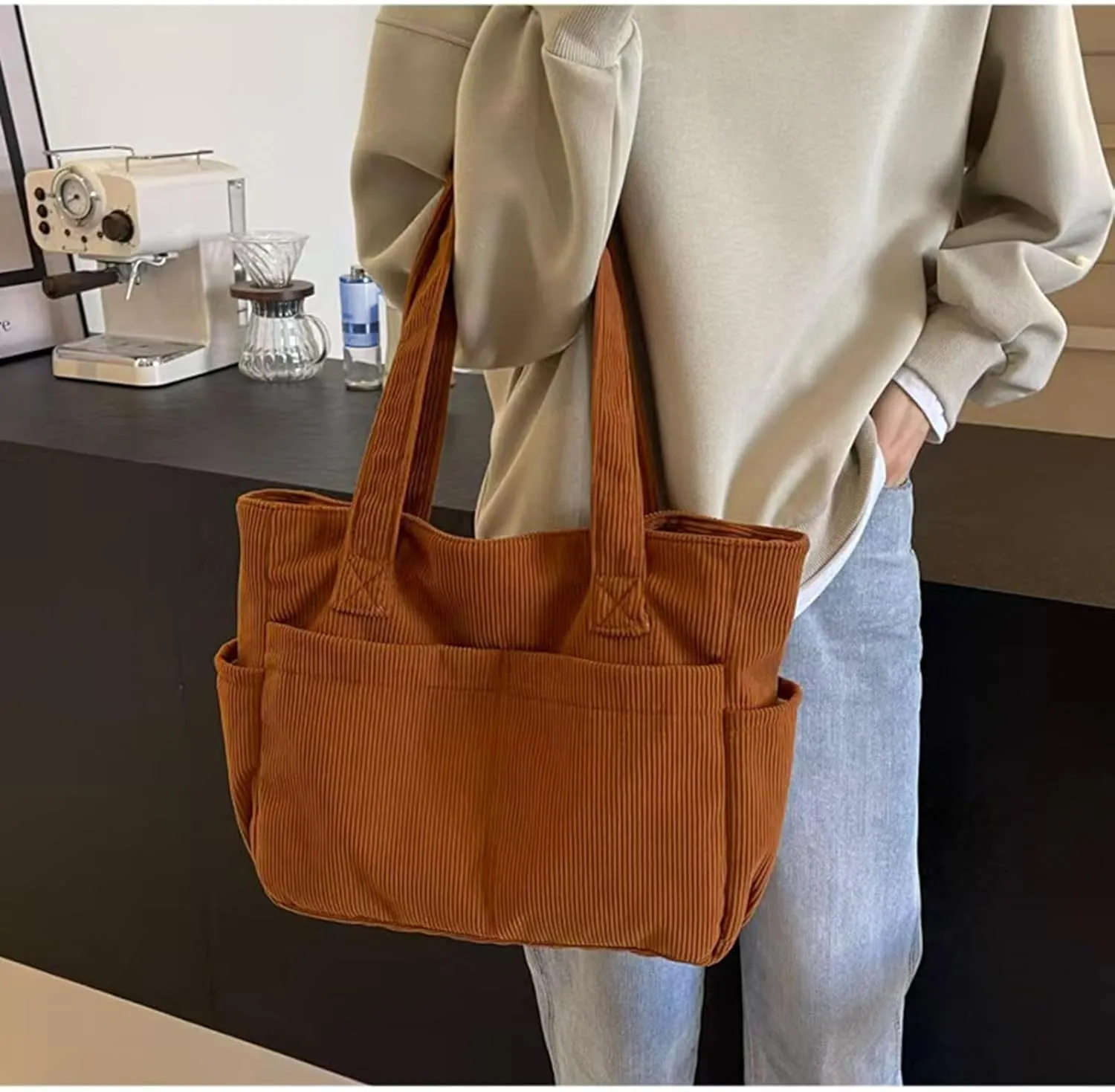 large-capacity hobo bag,Lightweight corduroy tote bag for women,Shoulder Bag with Multi-pocket for Travel, and Daily