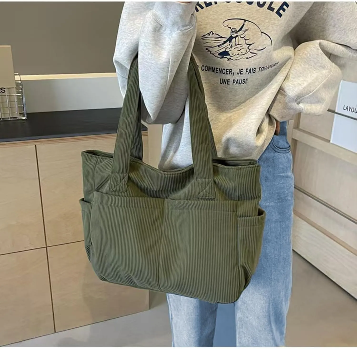 large-capacity hobo bag,Lightweight corduroy tote bag for women,Shoulder Bag with Multi-pocket for Travel, and Daily