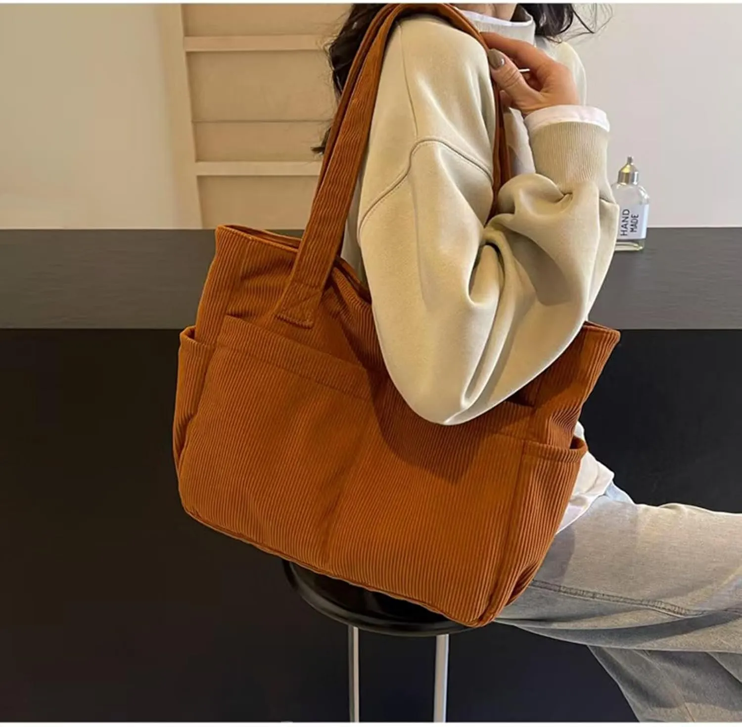 large-capacity hobo bag,Lightweight corduroy tote bag for women,Shoulder Bag with Multi-pocket for Travel, and Daily