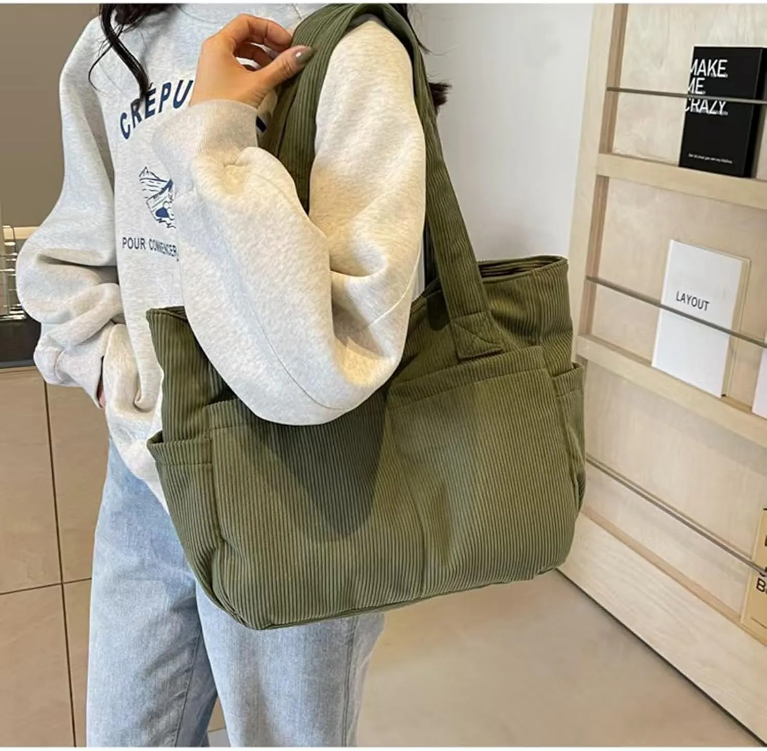 large-capacity hobo bag,Lightweight corduroy tote bag for women,Shoulder Bag with Multi-pocket for Travel, and Daily
