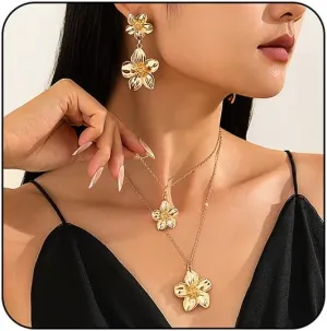 Large Double Flower Necklace Earrings Set for Women Chunky Gold Layered Flower Pendant Necklace Boho Large Floral Statement Earrings Jewelry