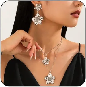 Large Double Flower Necklace Earrings Set for Women Chunky Gold Layered Flower Pendant Necklace Boho Large Floral Statement Earrings Jewelry
