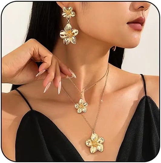 Large Double Flower Necklace Earrings Set for Women Chunky Gold Layered Flower Pendant Necklace Boho Large Floral Statement Earrings Jewelry