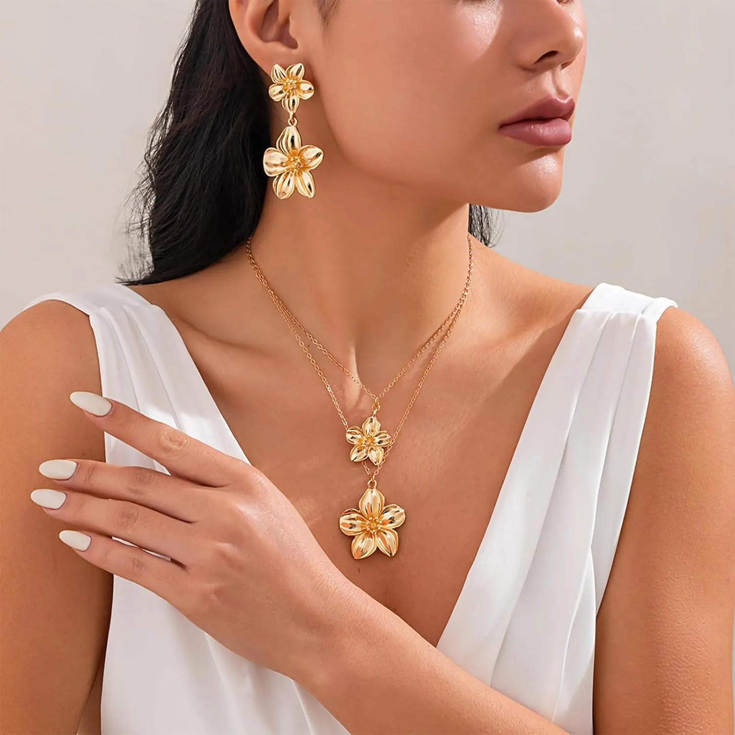 Large Double Flower Necklace Earrings Set for Women Chunky Gold Layered Flower Pendant Necklace Boho Large Floral Statement Earrings Jewelry