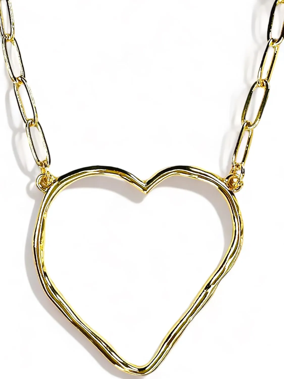 Large Heart Necklace 18k - Open Hollow Irregular Hammered Heart Dainty Statement Necklace (Heart)